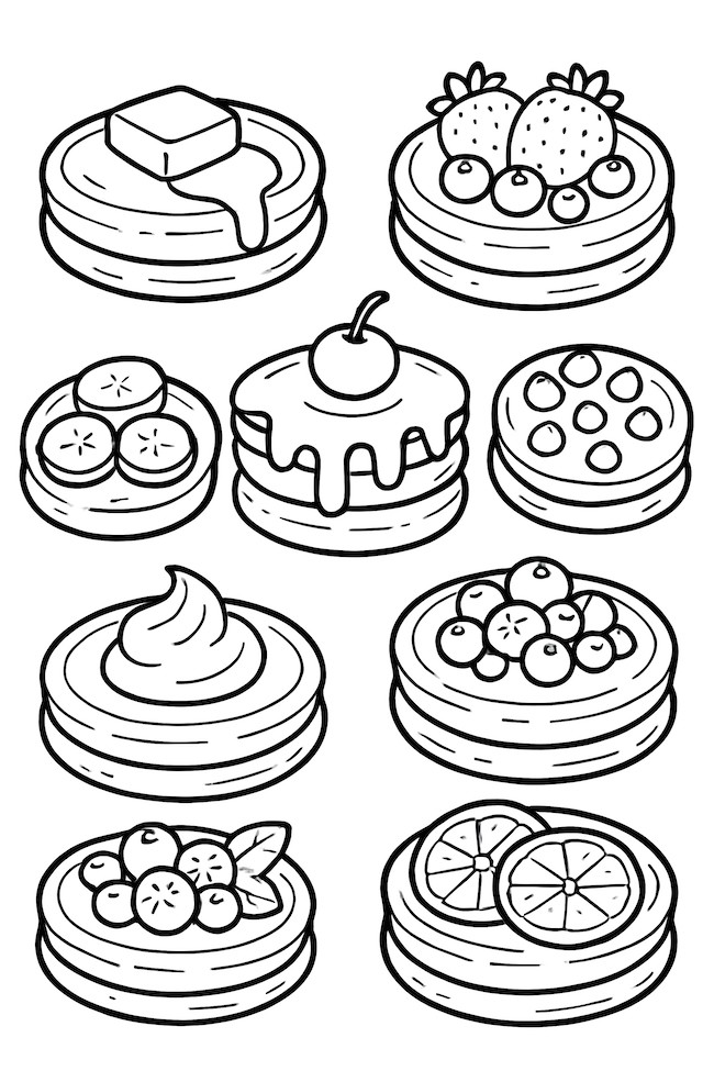 Coloring page featuring a collection of mini pancakes with various toppings including fruits, whipped cream, and syrup
