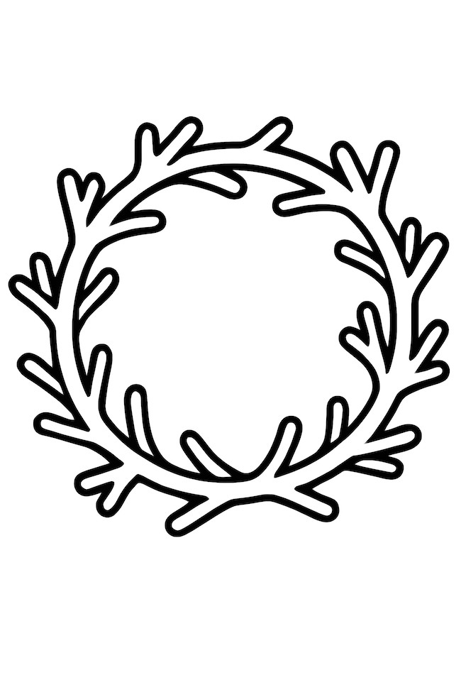 Coloring page of a minimalist wreath made from bare branches in a circular shape