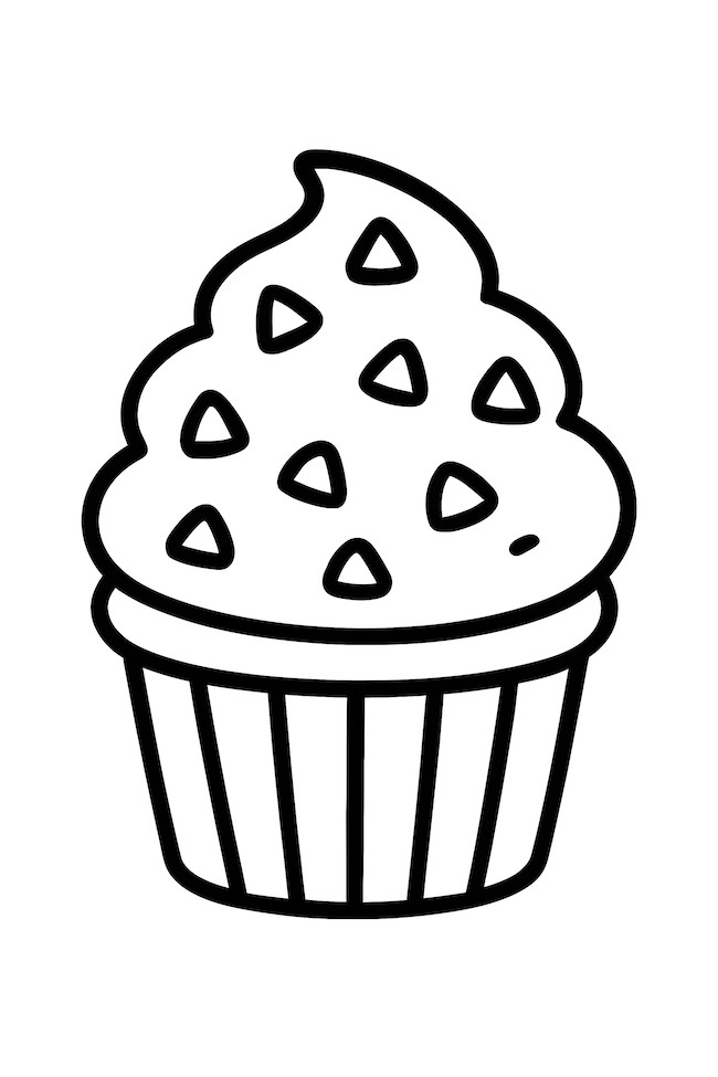 Coloring page of a mint green cupcake topped with chocolate chips