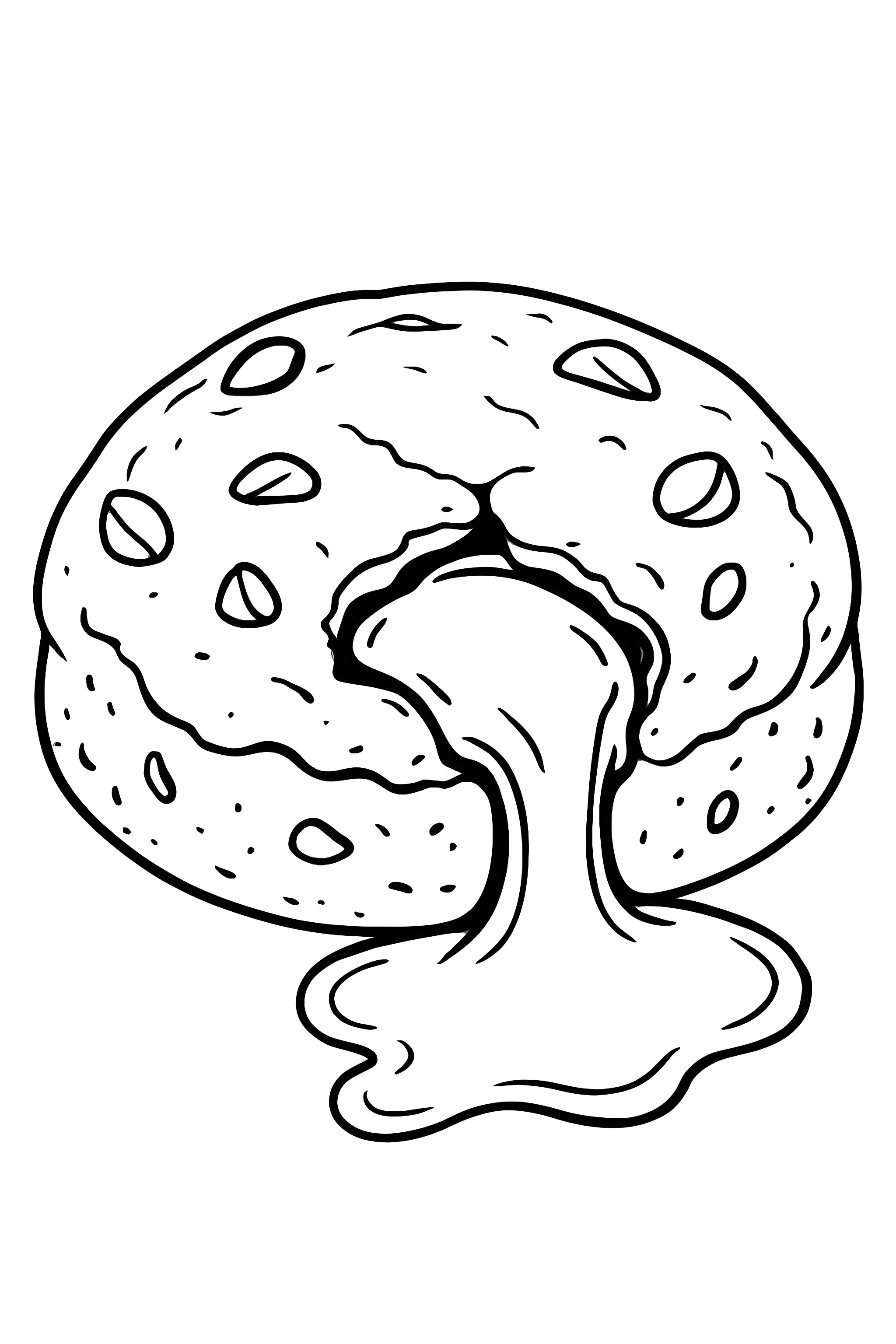 Coloring page of a molten lava cookie with chocolate oozing out and dotted with chocolate chips