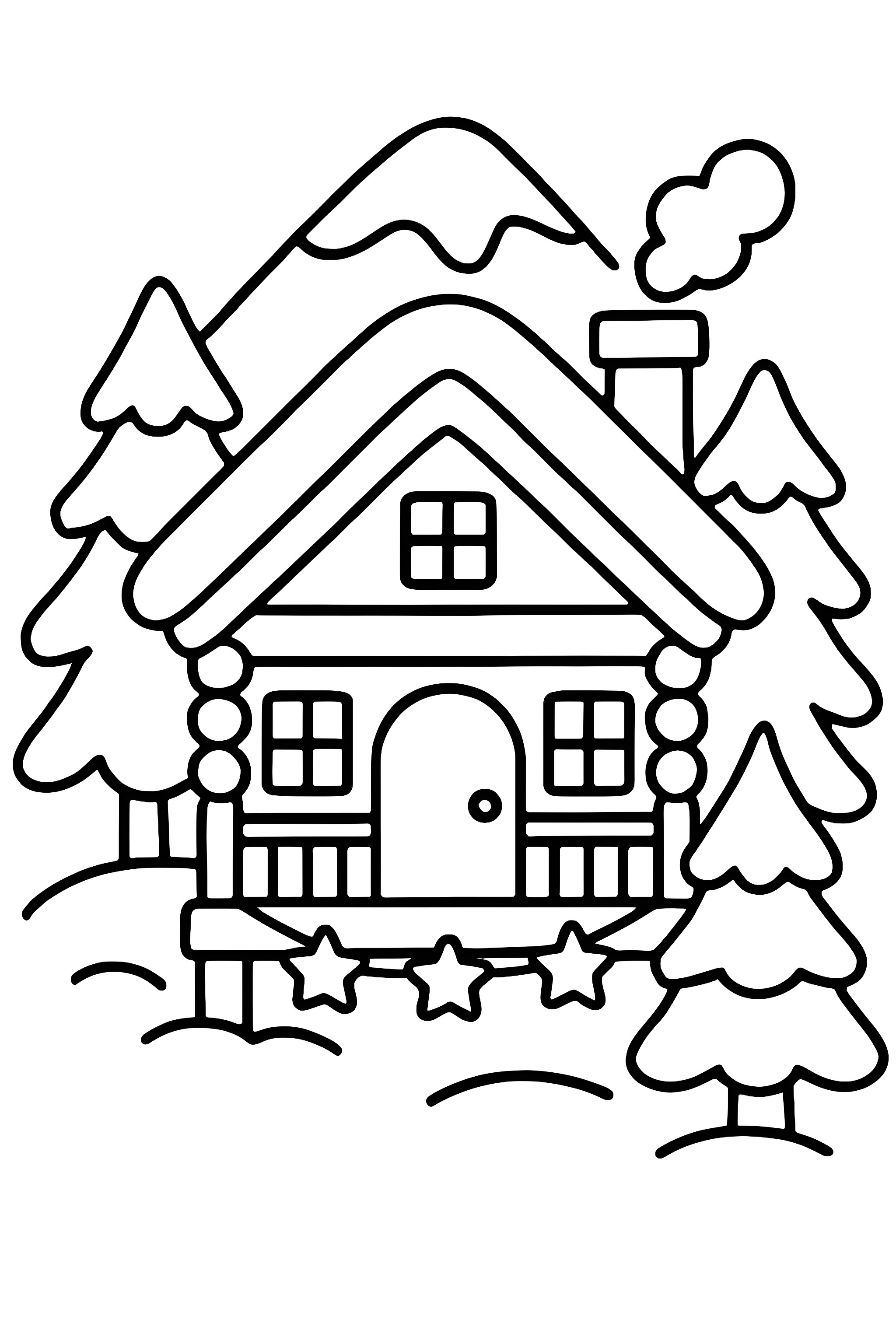 Coloring page featuring a mountain lodge with a decorated porch, alongside snow-covered evergreen trees and distant mountains