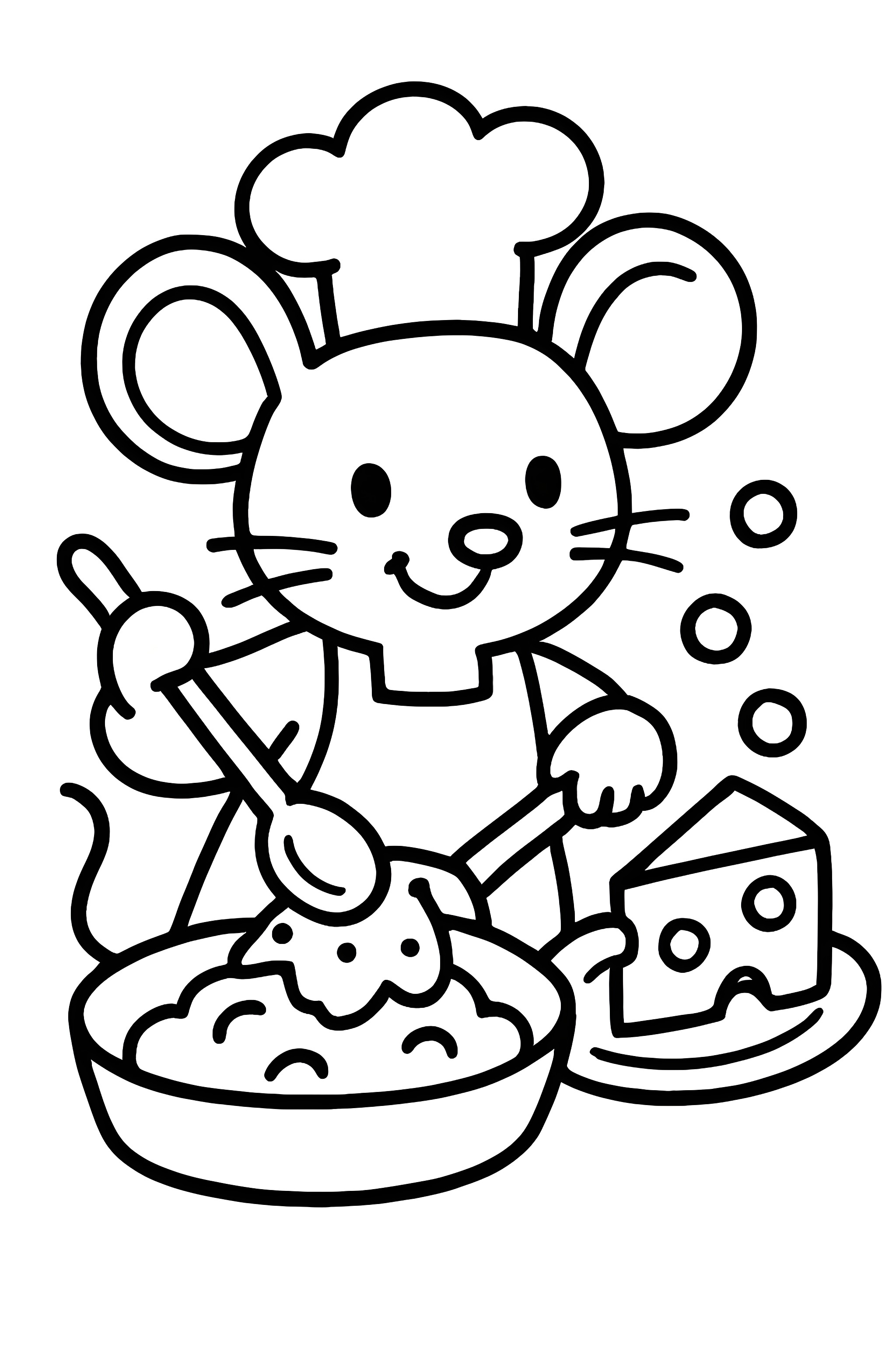 Coloring page featuring a mouse chef cooking a gourmet cheese dish with a spoon in a pan and a cheese wedge on the side