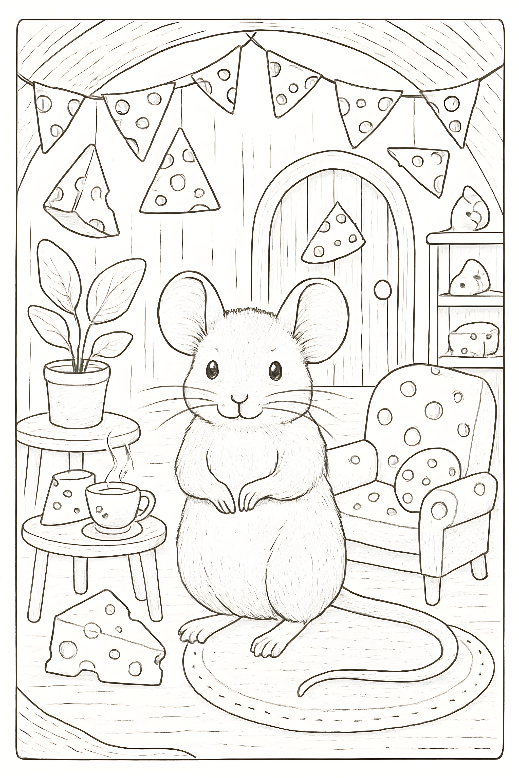 Coloring page featuring a mouse in a cozy house with cheese decorations, a plant, a chair, and a teacup