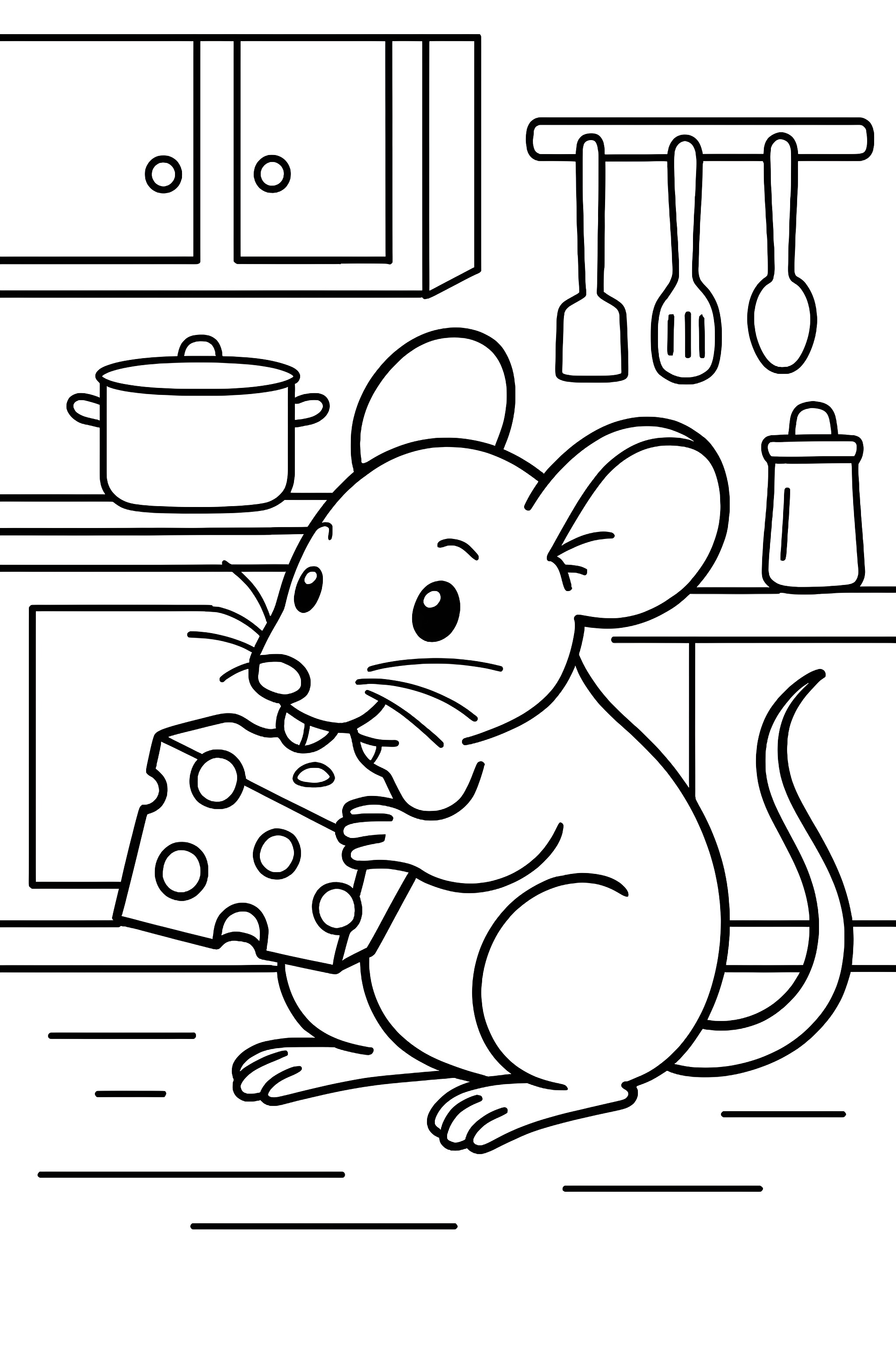 Coloring page featuring a mouse in a kitchen holding a piece of cheese with holes