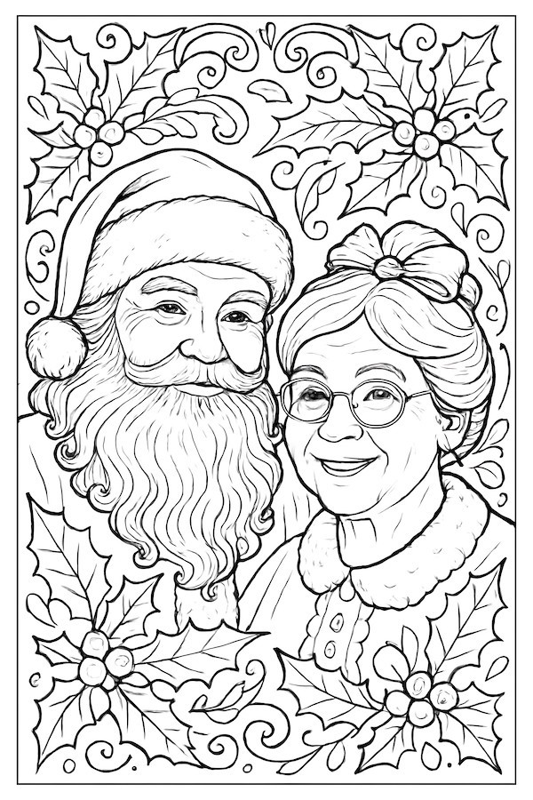 Coloring page of Mr. and Mrs. Claus with holly decorations and smiling expressions
