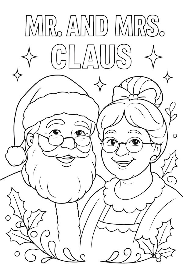 Mr. and Mrs. Claus in a portrait with holiday elements and decorative stars