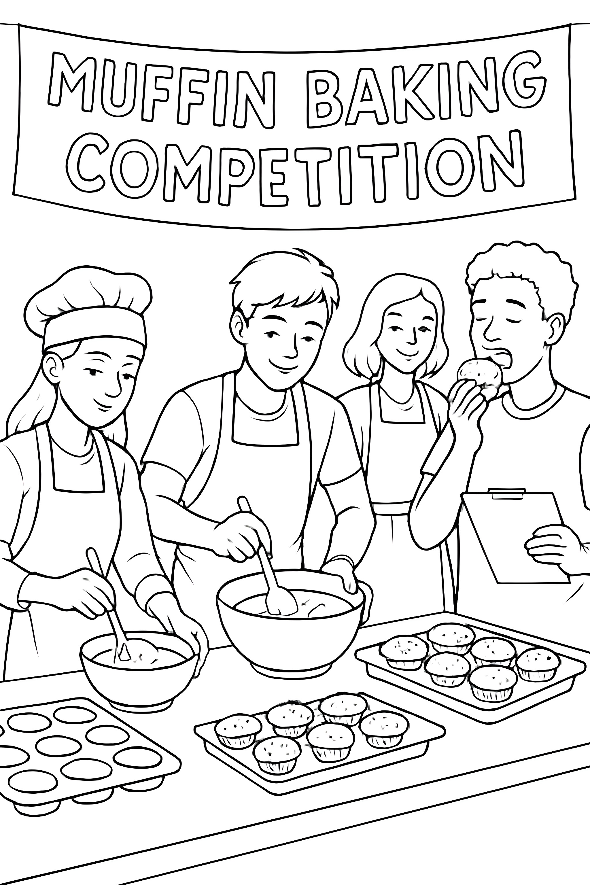 Coloring page depicting a muffin baking competition with four contestants mixing batter and tasting muffins under a competition banner