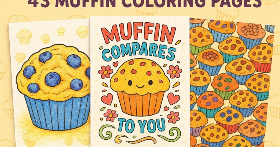 Three colored muffin-themed coloring pages with the title “43 Muffin Coloring Pages” at the top. The first page shows a blueberry muffin, the middle page features a smiling muffin with the text “Muffin Compares to You,” and the third page displays a colorful pattern of assorted muffins. The background is beige with faint muffin outlines
