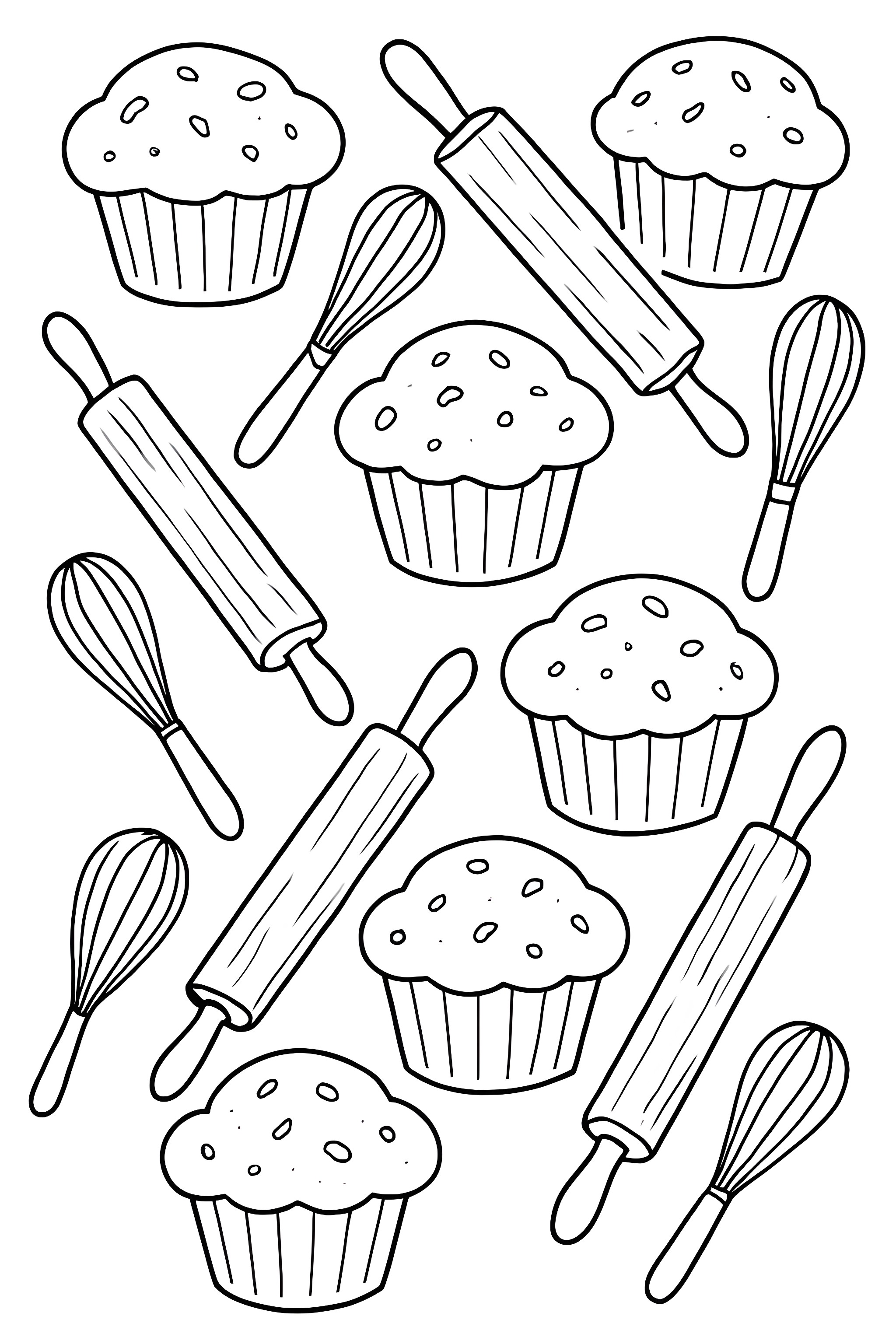 Coloring page featuring muffin tops, rolling pins, and whisks arranged in a decorative border design