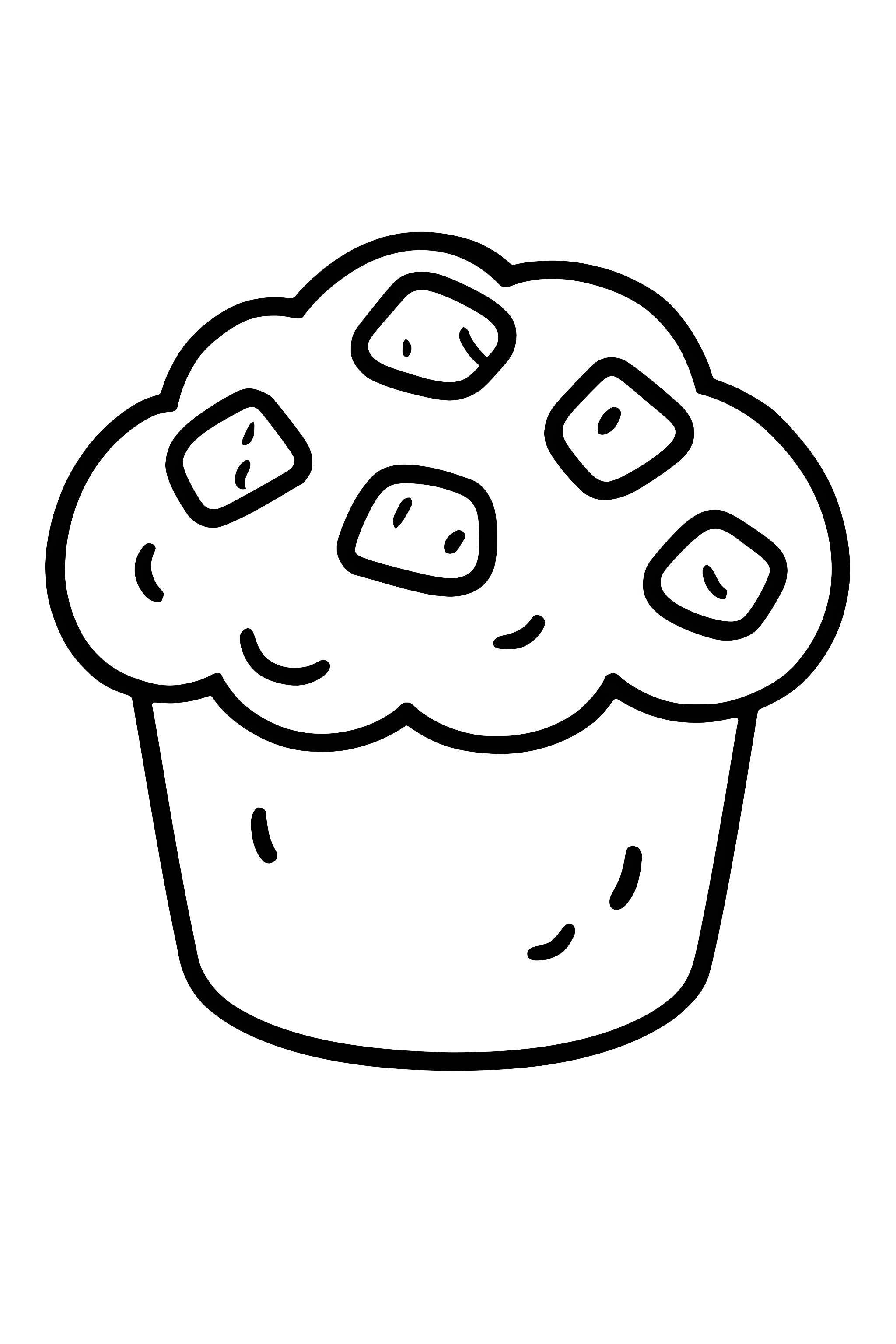 Coloring page of a muffin with cookie dough pieces on top, featuring a rounded shape and textured surface.