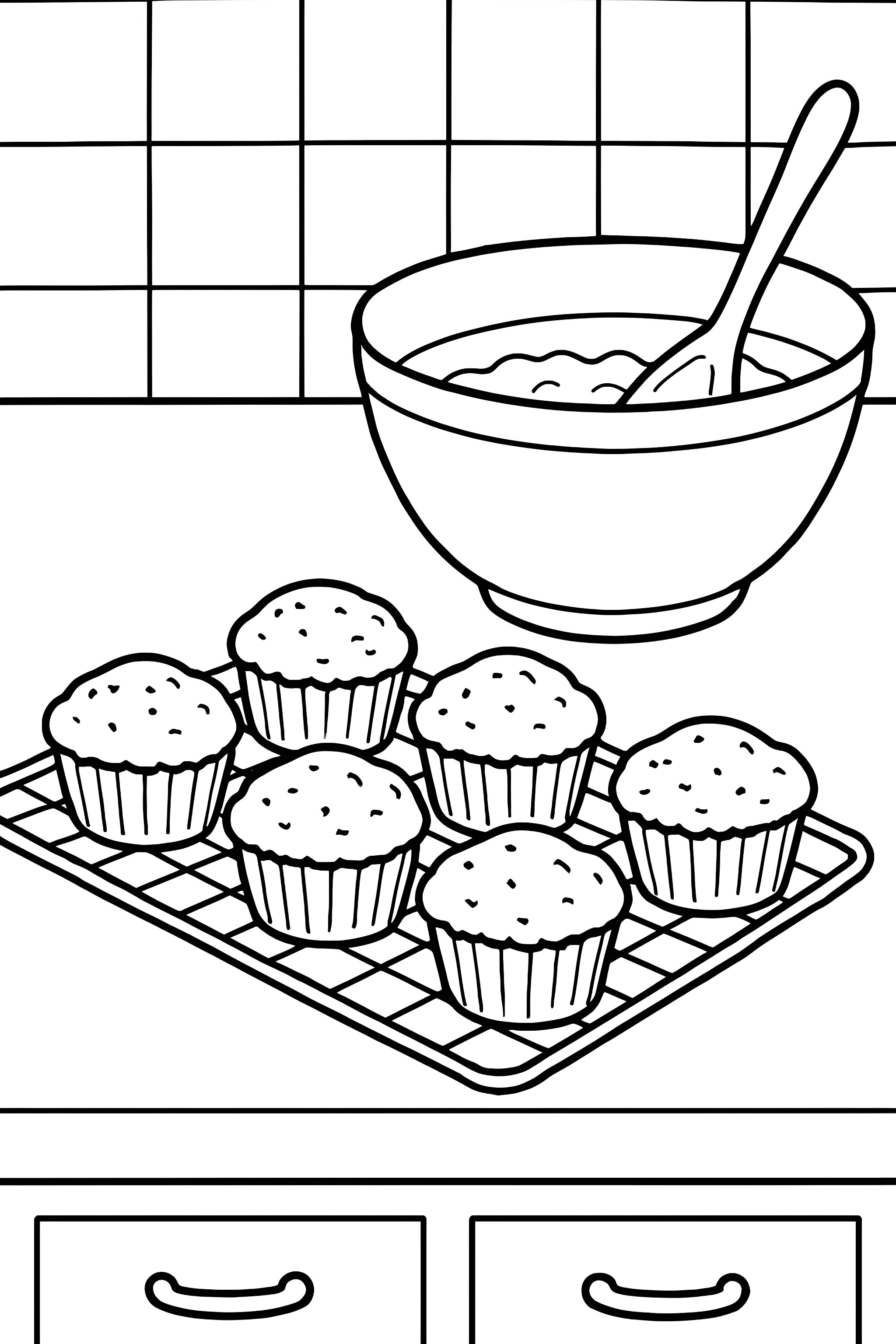 Coloring page featuring a kitchen counter with a rack of six cooling muffins and a mixing bowl with a spoon
