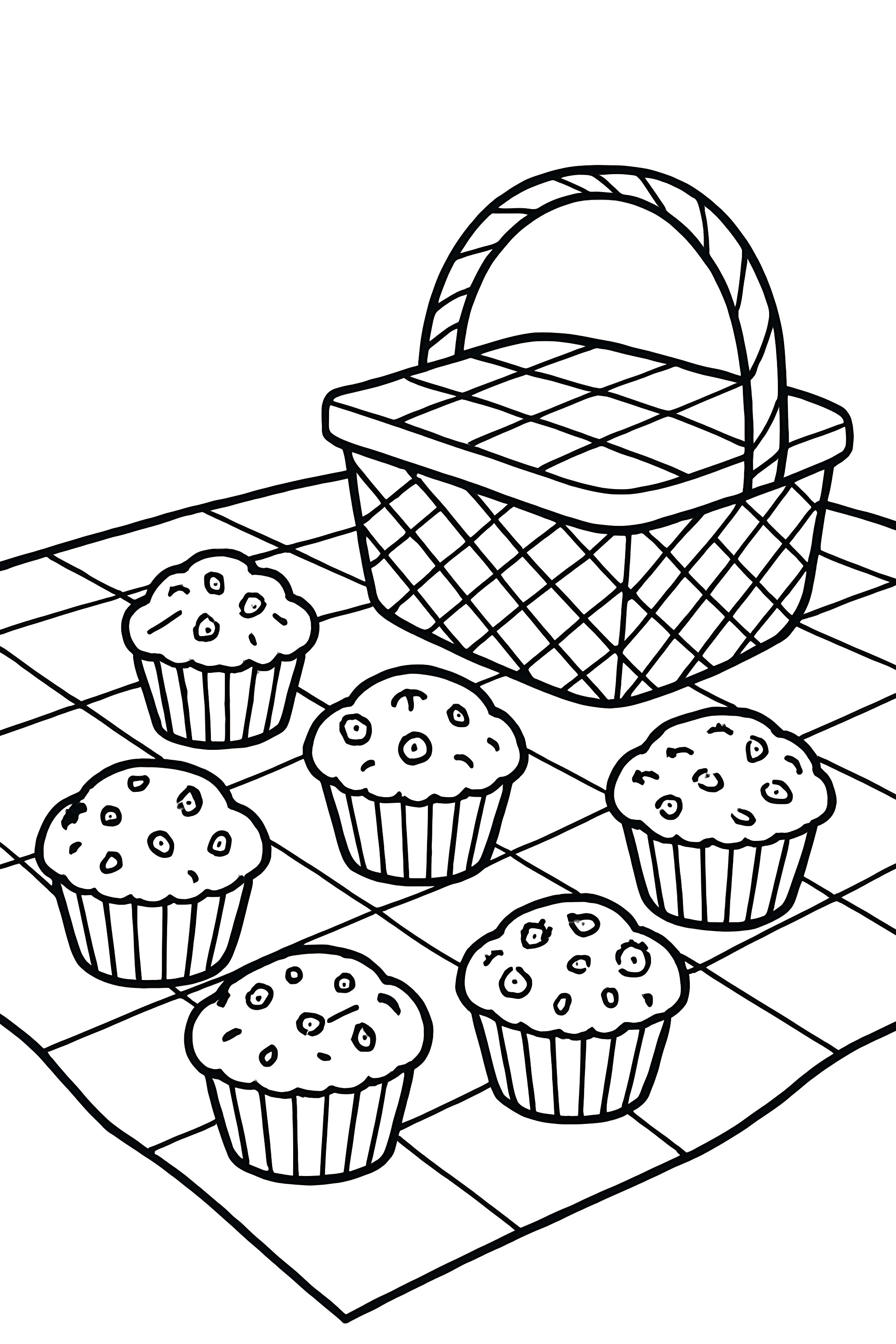 Coloring page of a picnic scene with a basket and several muffins arranged on a checkered blanket