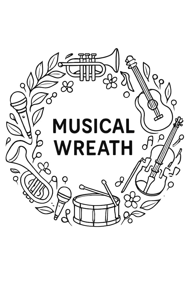 Coloring page of a wreath decorated with various musical instruments including trumpets, microphones, a drum, and flowers