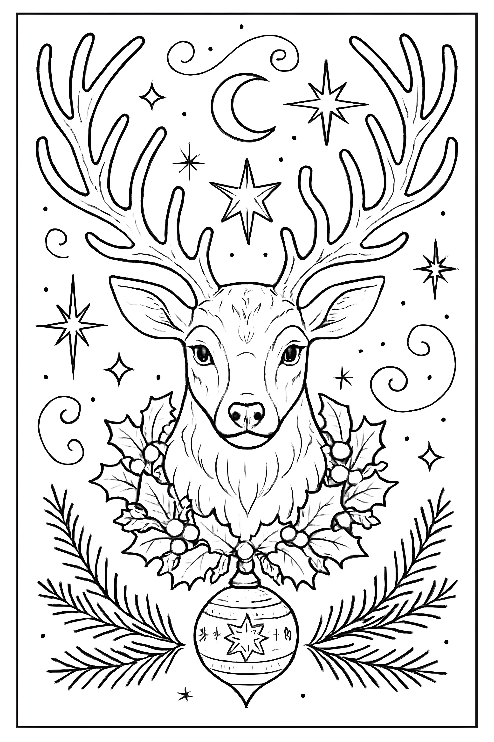 Coloring page featuring a mystical reindeer with elaborate antlers, surrounded by stars and holly, holding a decorative ornament
