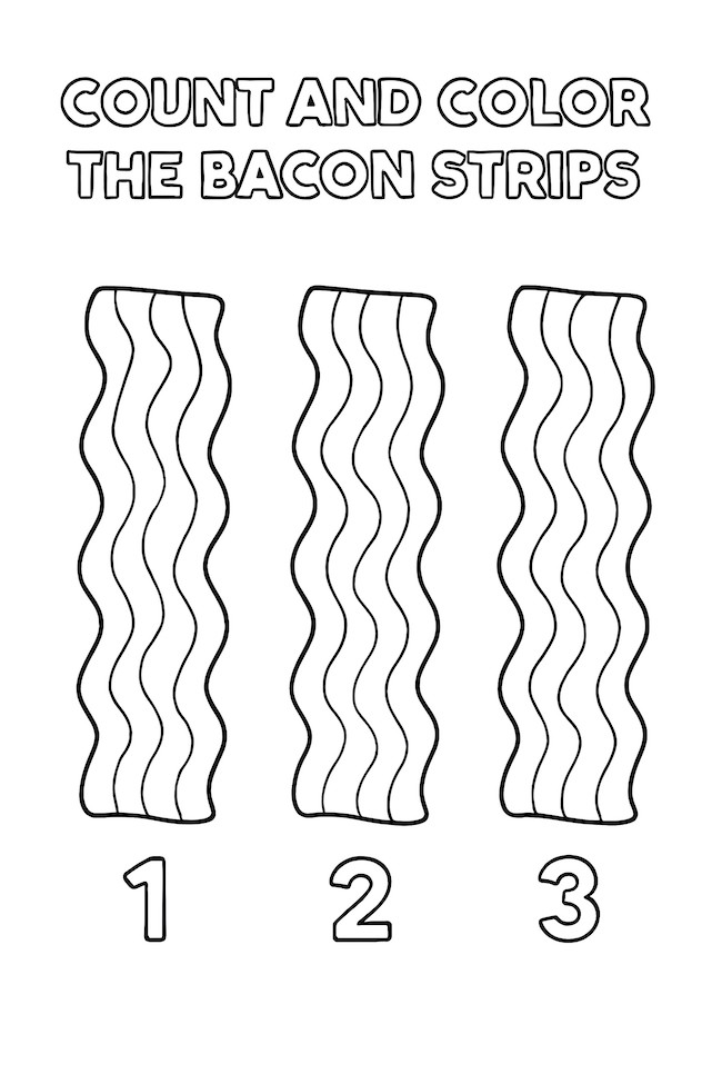 Coloring page of three wavy bacon strips numbered 1, 2, and 3 with a clean background