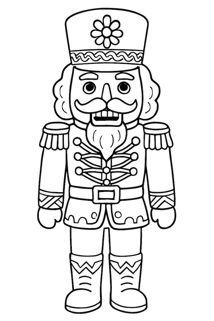 Coloring page of a nutcracker cookie design with intricate uniform details and a decorated hat