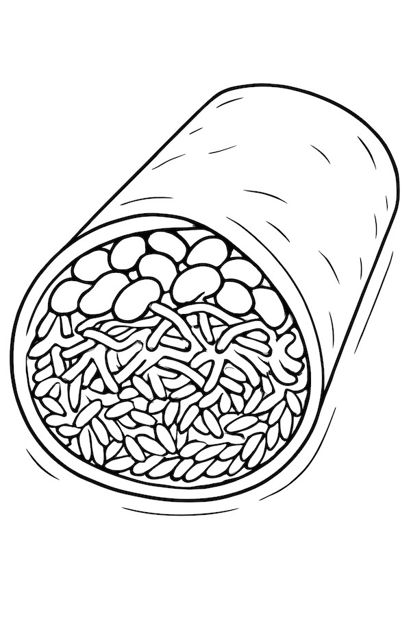 Coloring page of an opened burrito displaying layers of beans, cheese, and rice
