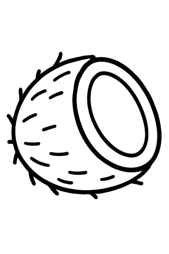 Coloring page of an opened coconut lying on its side with a textured outer shell and hollow inside