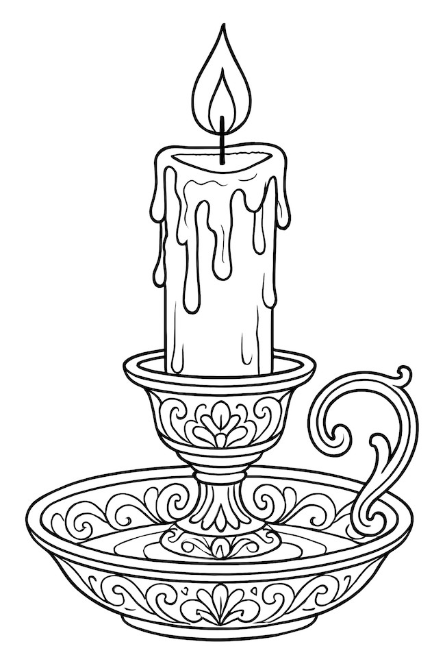 Coloring page of an ornate candle in a decorative holder with wax drippings and intricate patterns