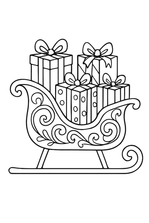 Coloring page of an ornate Christmas sleigh overflowing with beautifully wrapped gifts tied with bows