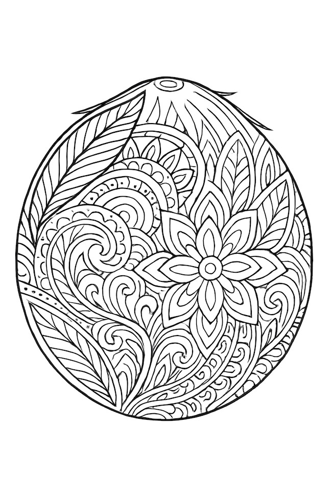 Coloring page of a coconut featuring intricate carved patterns including floral and leaf designs