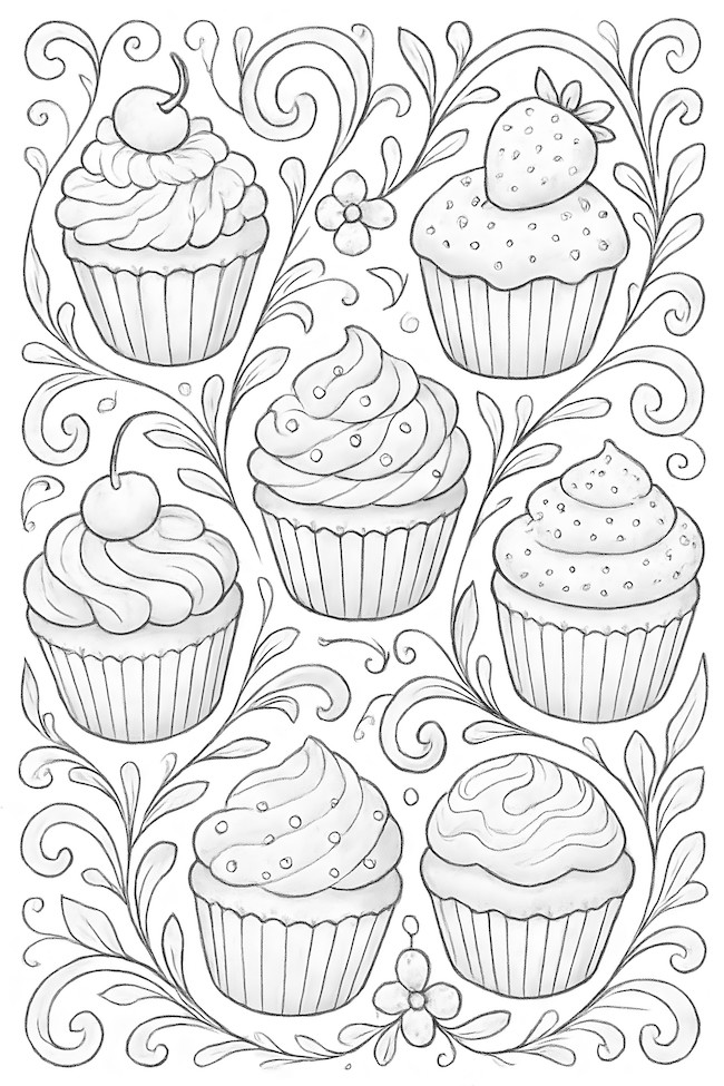 Coloring page of six cupcakes with different frosting styles, surrounded by intricate floral patterns and details