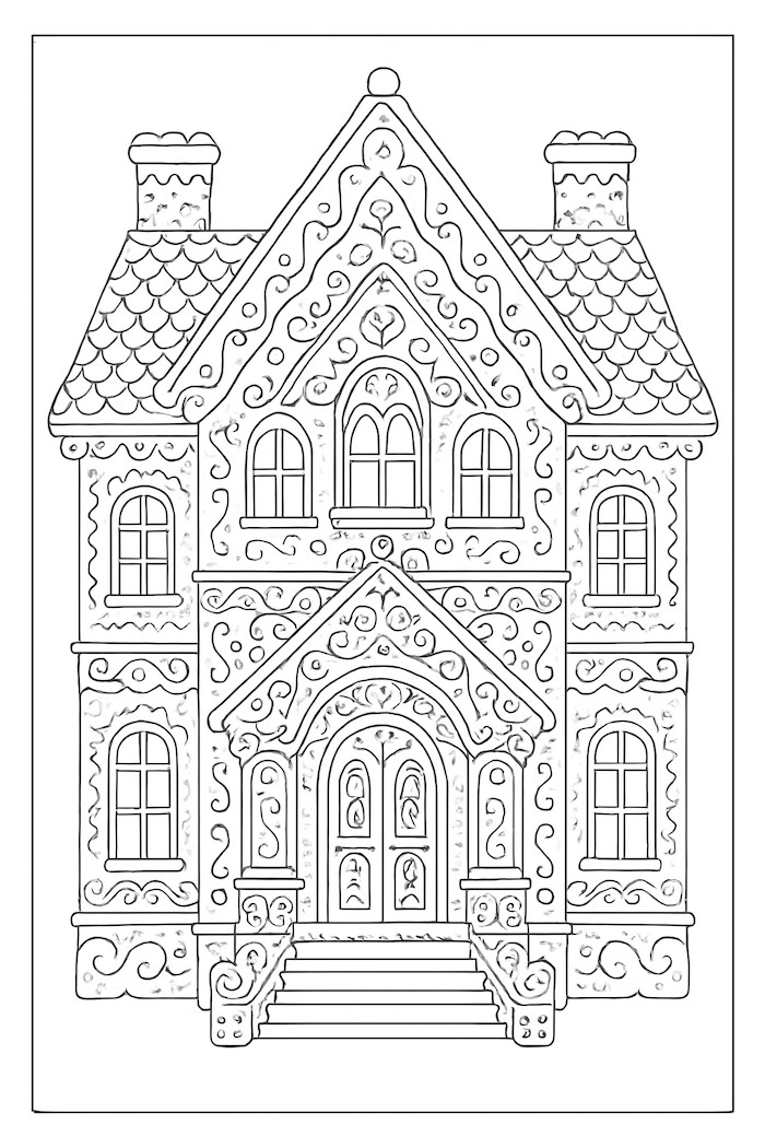 Coloring page of an ornate gingerbread mansion featuring intricate frosting details and decorative windows