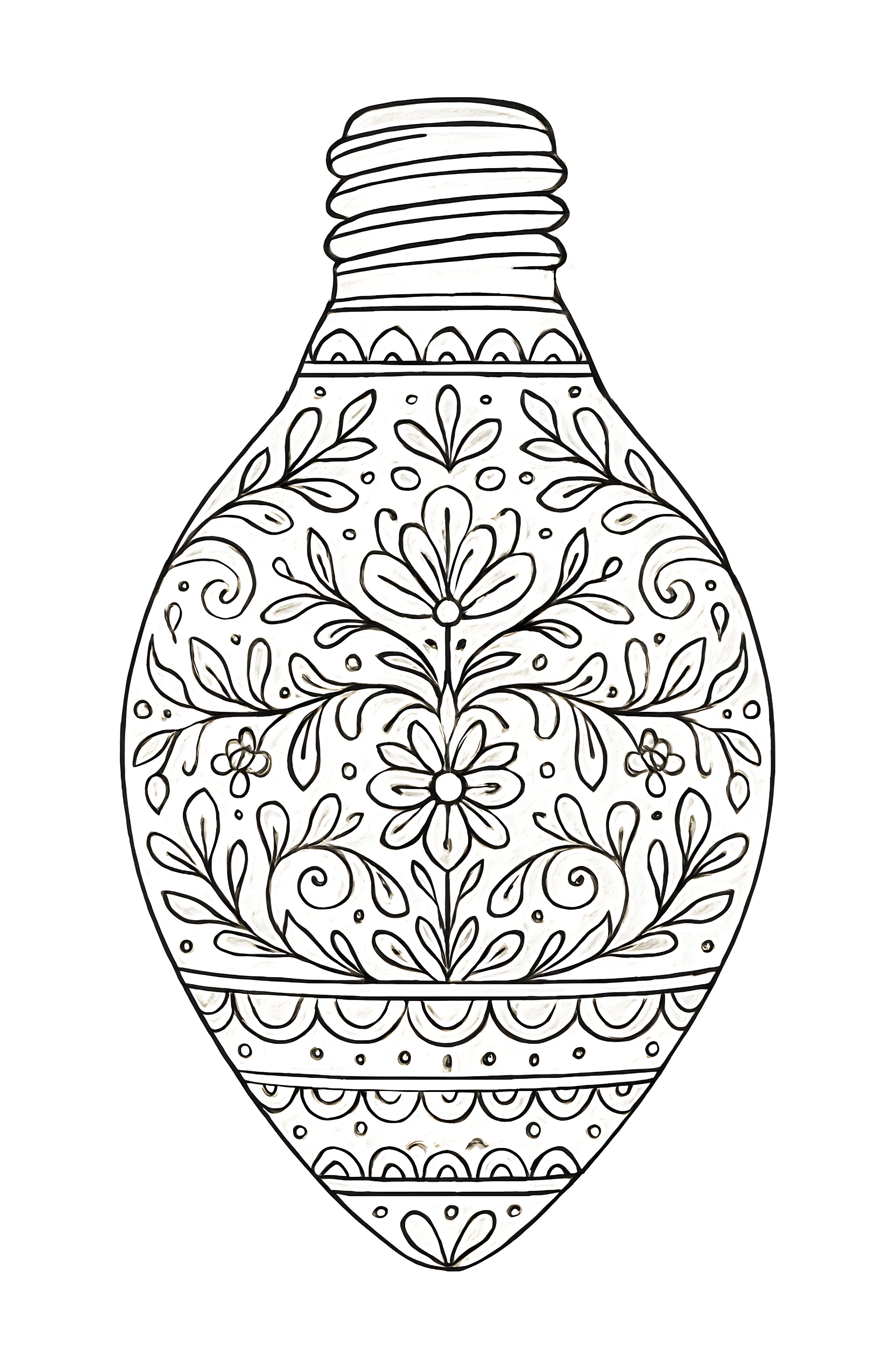 Coloring page of a handcrafted Christmas light bulb featuring intricate floral patterns and swirling designs.