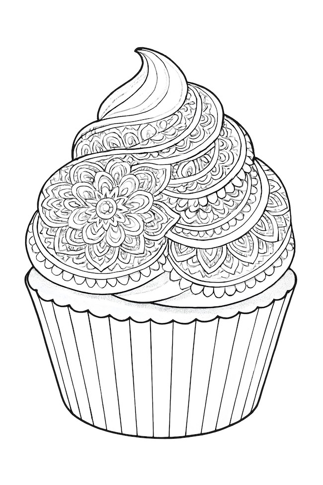 Coloring page of a cupcake with detailed icing lace patterns and swirls on top