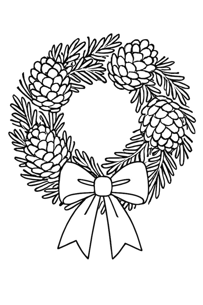 Coloring page of an ornate wreath featuring pinecones and a ribbon, surrounded by pine branches