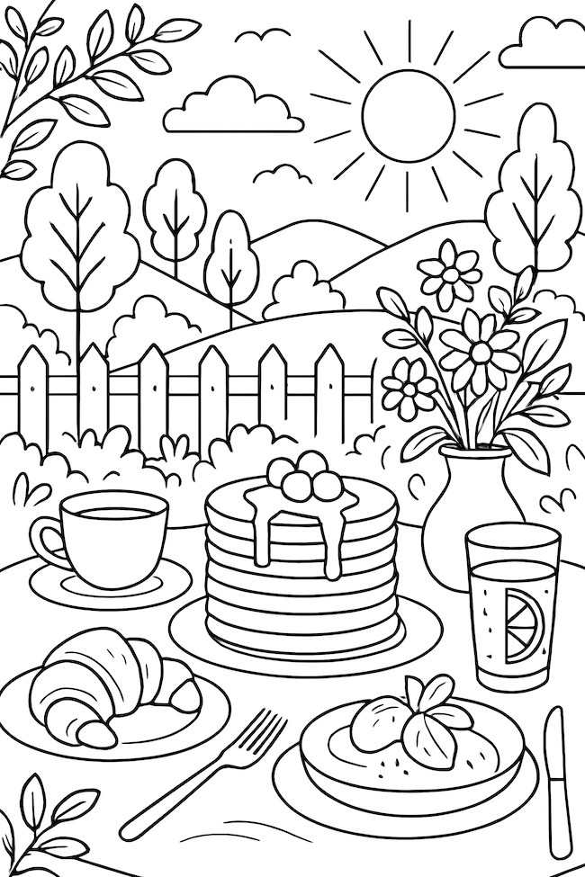 Coloring page featuring an outdoor brunch scene with a stack of pancakes, a cup of coffee, croissant, and a vibrant flower vase