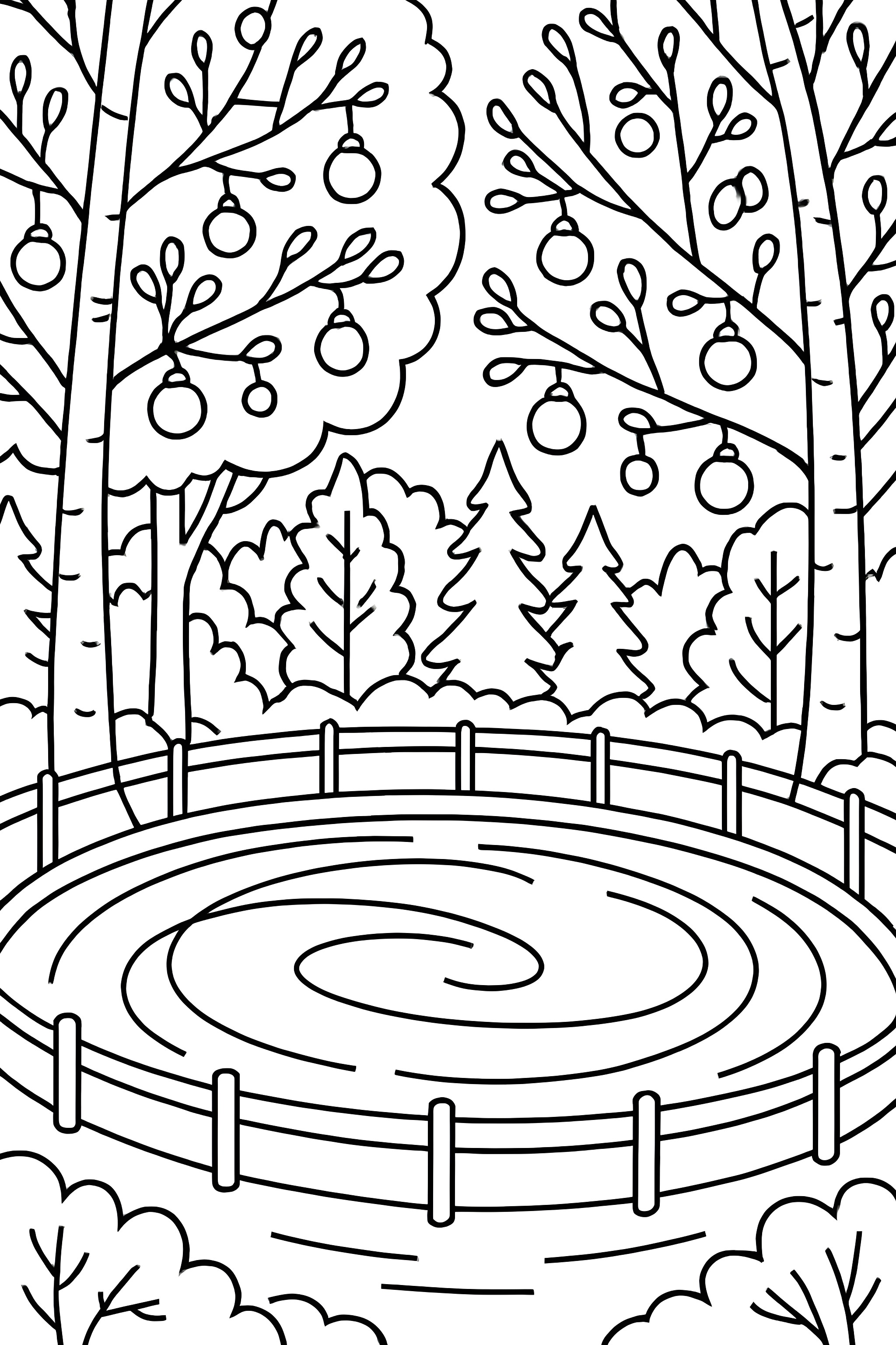 An outdoor ice rink encircled by trees decorated with glowing ornaments and surrounded by other trees and shrubs