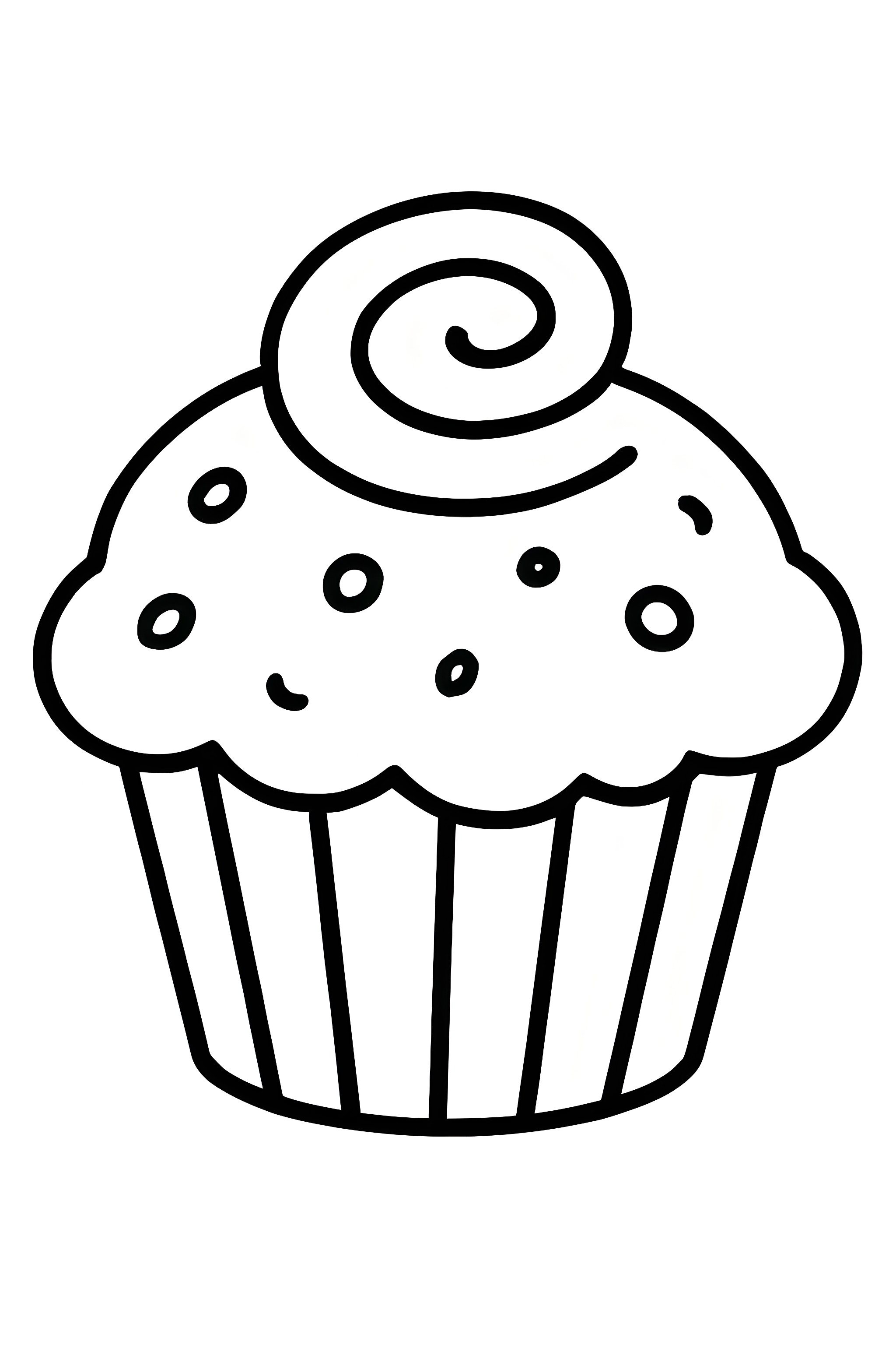 Coloring page of a muffin featuring a swirl of cinnamon on top, with sprinkles and a striped paper base
