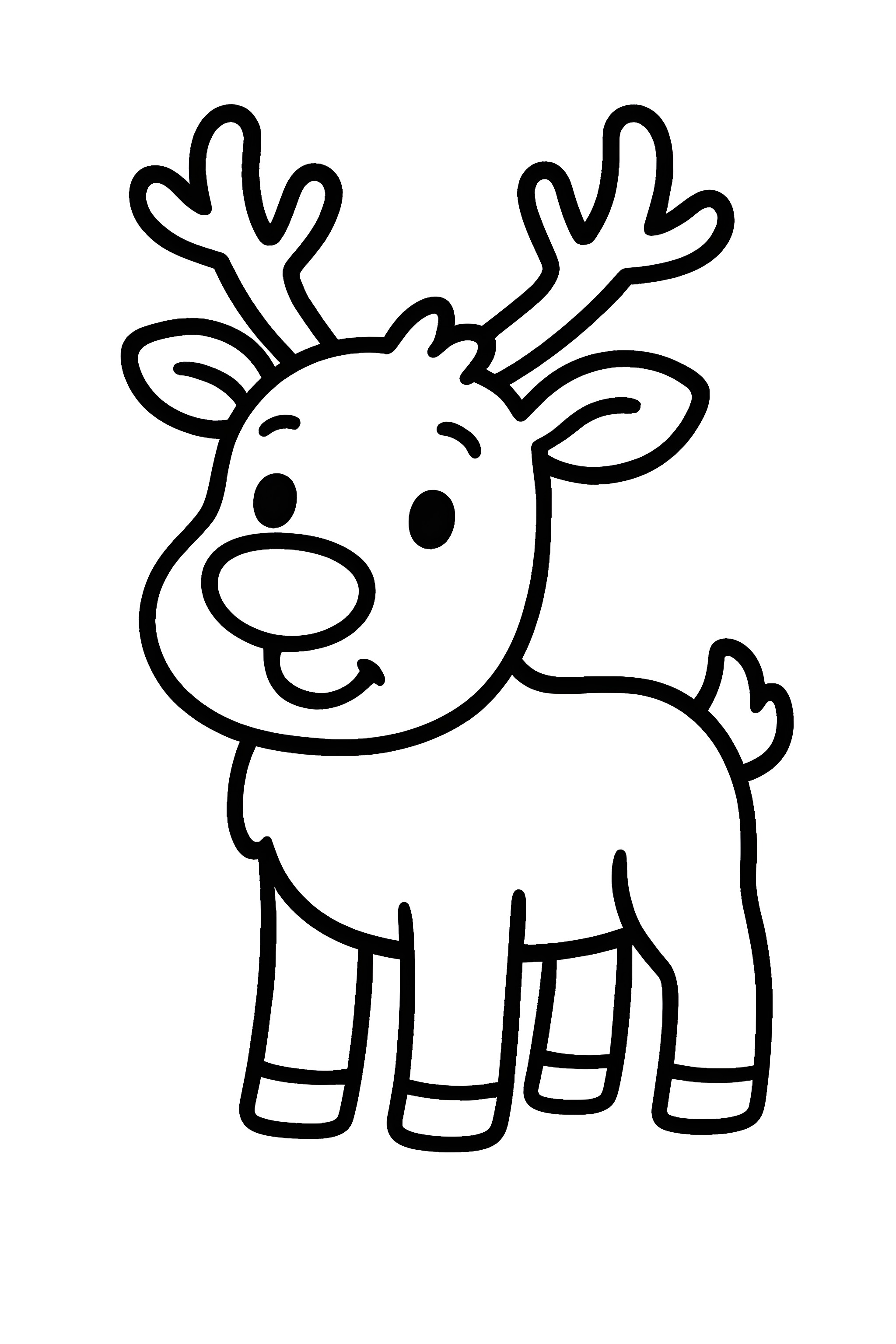 Coloring page featuring a standing reindeer with slightly tilted antlers and a round nose
