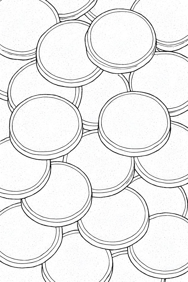 Coloring page featuring a geometric pattern formed by overlapping pancakes with visible layers and circular shapes