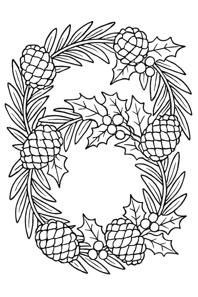 Coloring page featuring overlapping wreaths adorned with pine cones and holly leaves