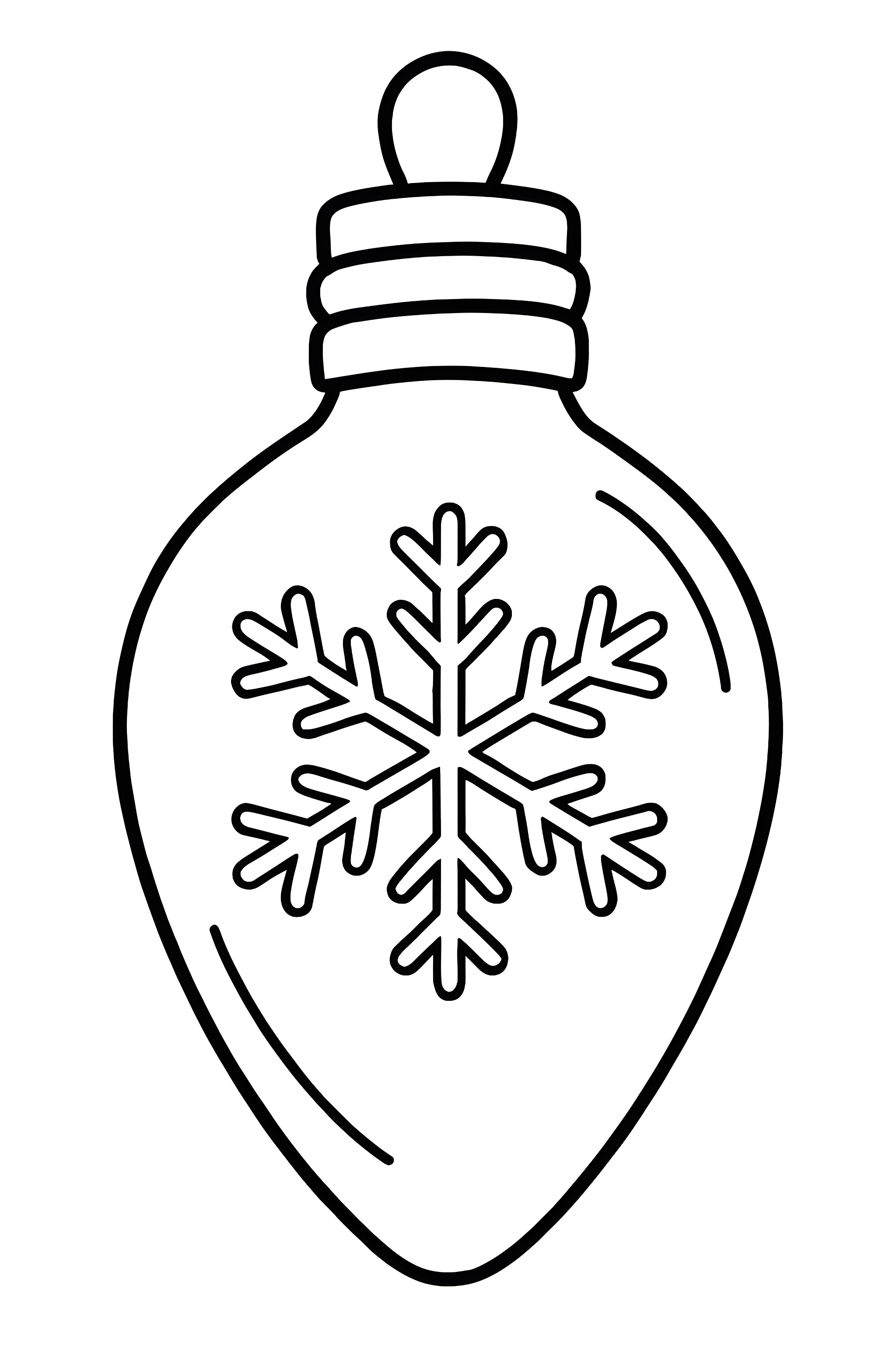 Coloring page of an oversized Christmas lightbulb featuring a prominent snowflake design