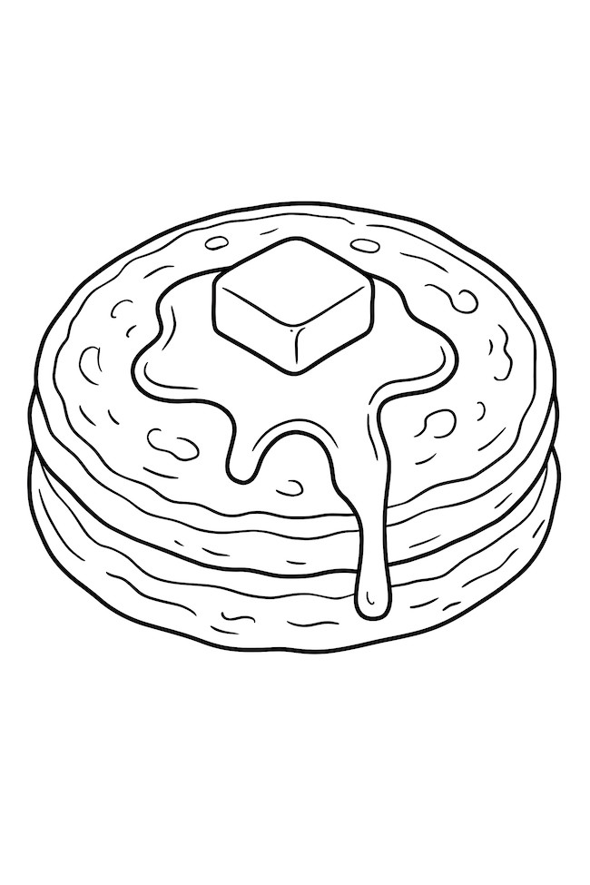 Coloring page of an oversized pancake with melting butter and syrup dripping down its sides