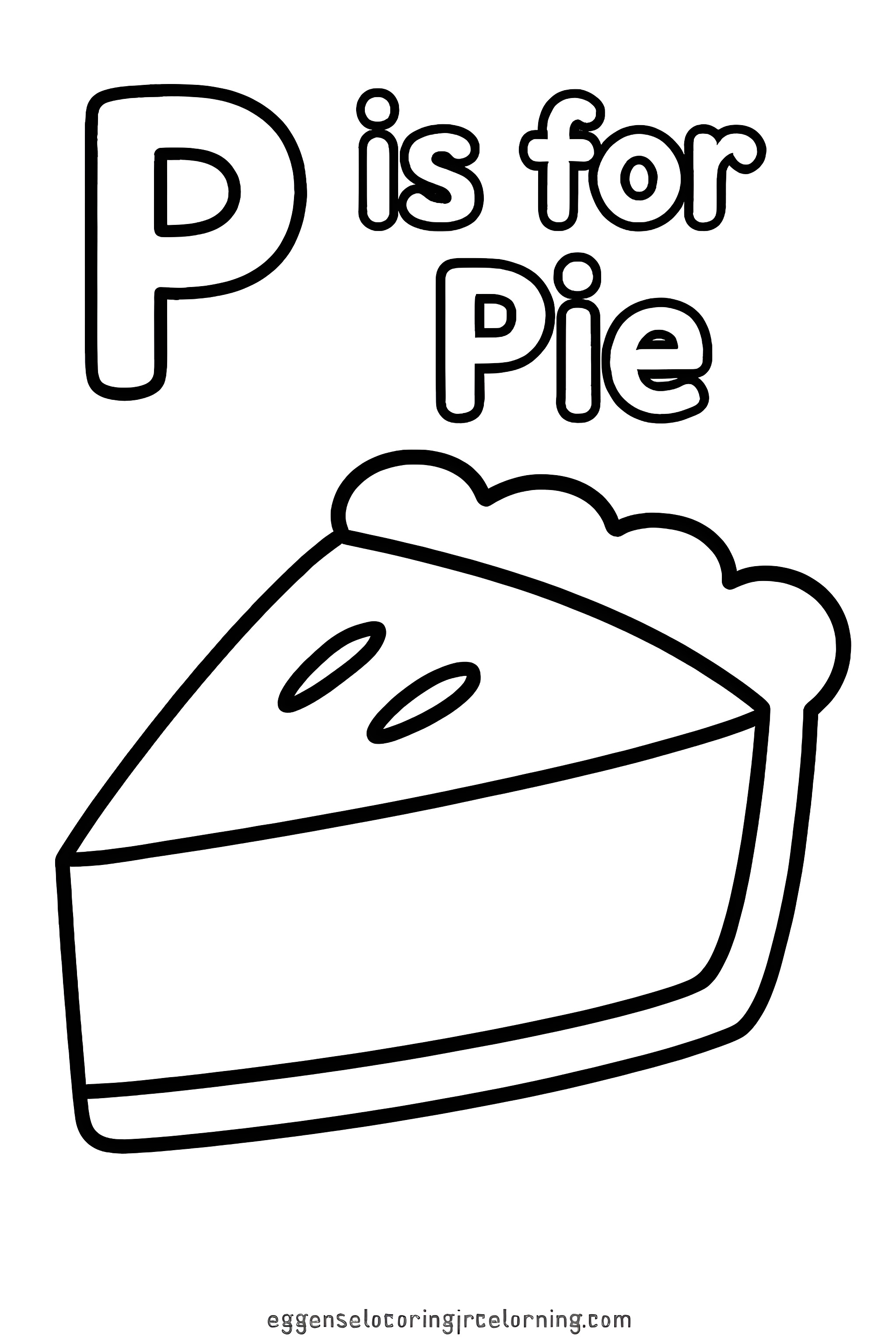 Coloring page featuring the letter P with a slice of pie and decorative text