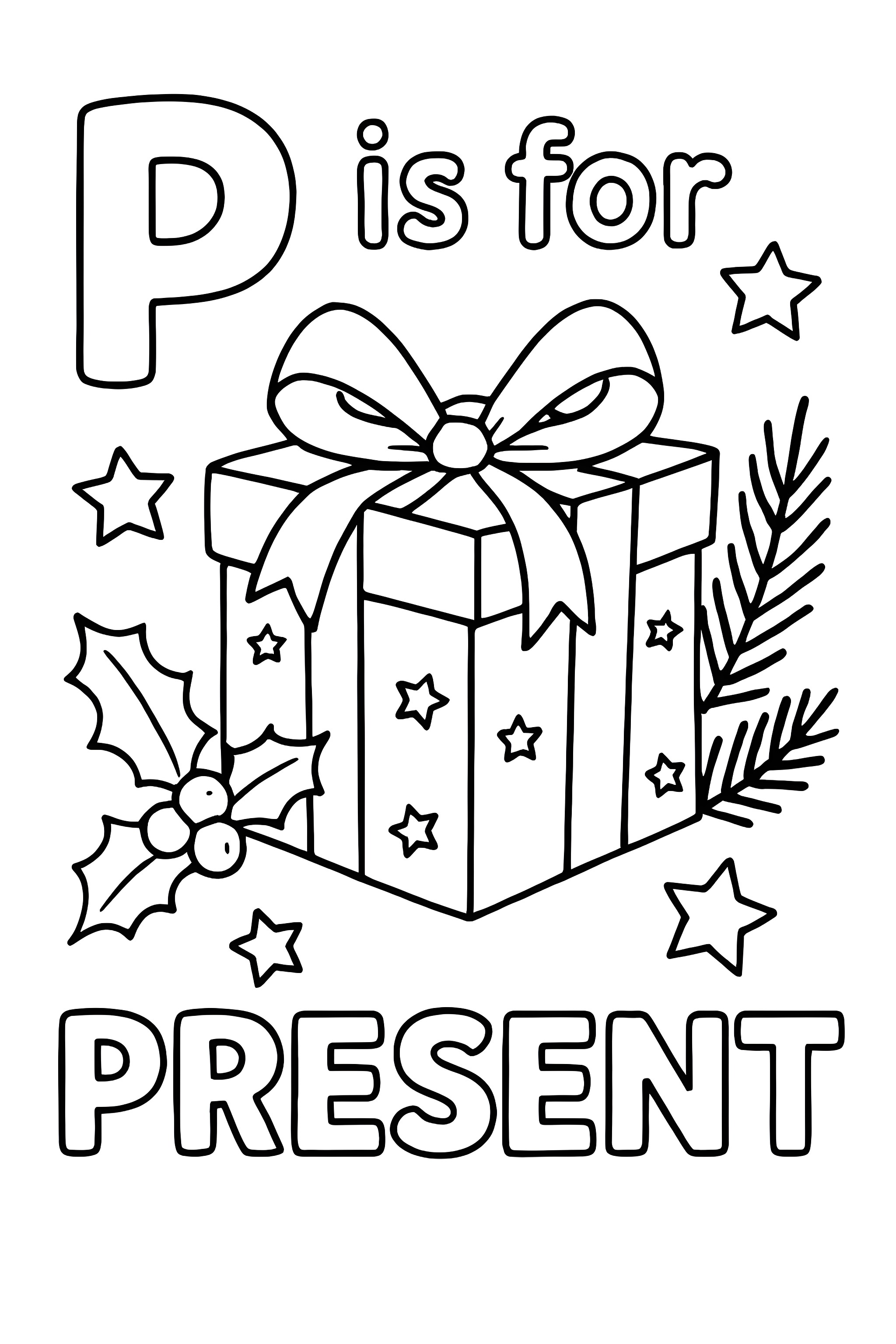 Coloring page of a decorated present with stars, holly, and pine branches, featuring the letter P