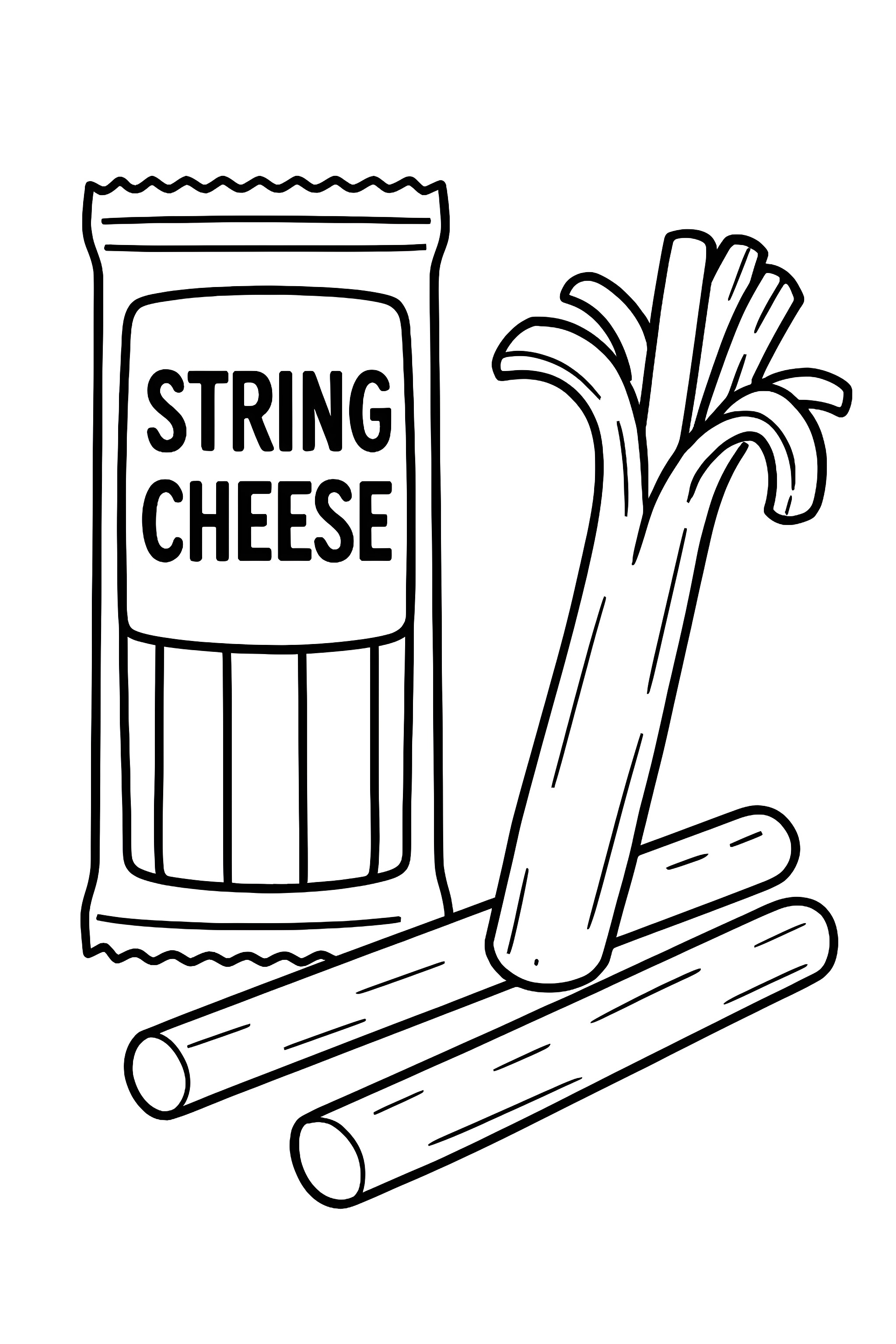 A package labeled 'STRING CHEESE' alongside two string cheese sticks and a celery stalk