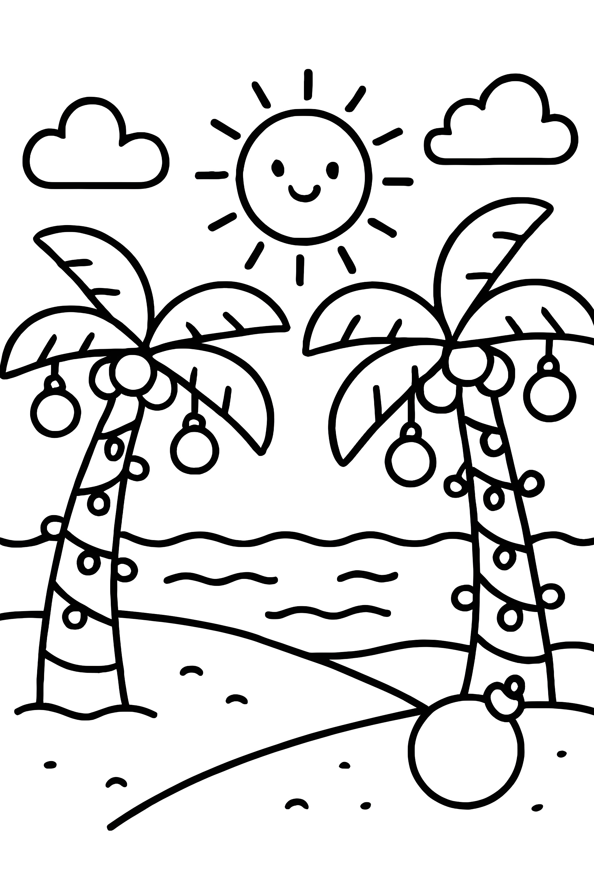 Coloring page featuring palm trees adorned with Christmas lights and ornaments beside a beach scene with the sun and clouds