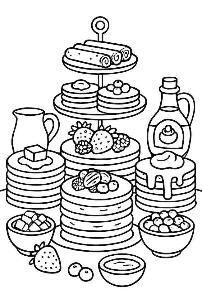 Coloring page of a multi-tiered pancake buffet with various pancakes, toppings, syrup, and fresh fruits arranged attractively