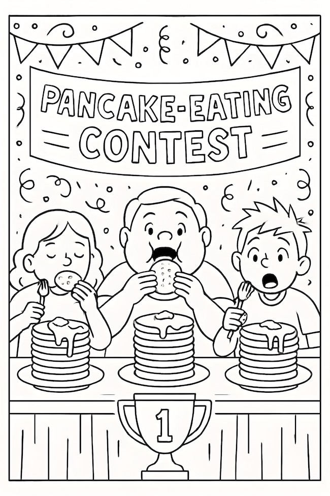 Coloring page of a pancake-eating contest featuring three participants with stacked pancakes and a number one trophy