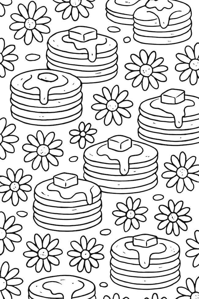 Coloring page of a repeating pattern of pancakes topped with butter and surrounded by small daisies