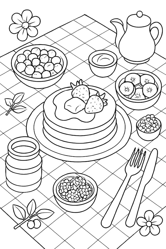 Coloring page of stacked pancakes topped with strawberries, surrounded by various bowls of toppings, including syrup and fruit, on a checked picnic blanket