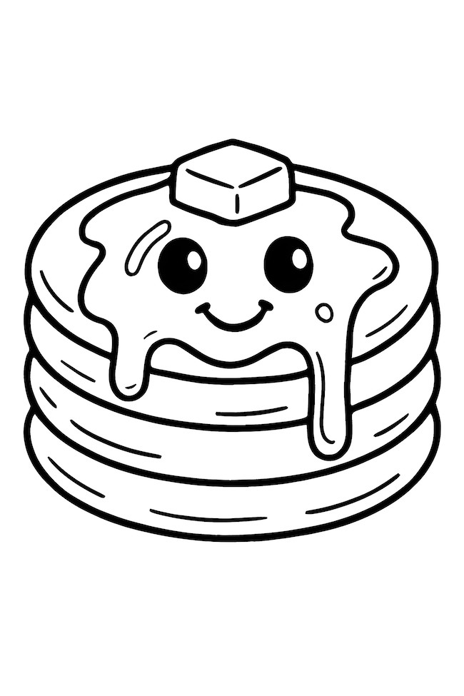 Coloring page depicting a stack of pancakes with a smiling face and syrup dripping down