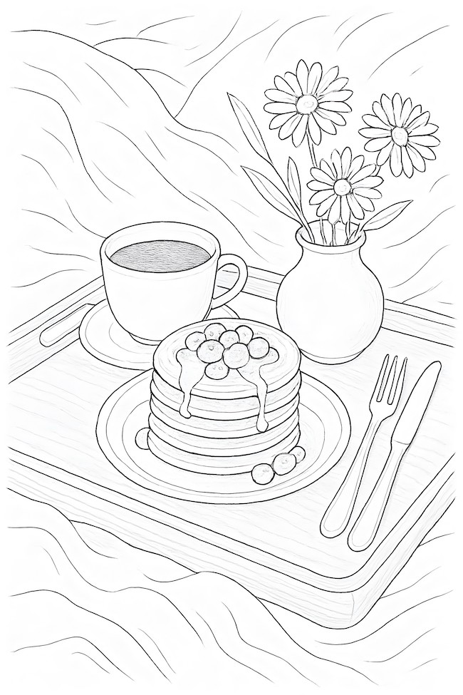 Coloring page featuring a breakfast tray with stacked pancakes, syrup, berries, a coffee cup, and a vase of flowers