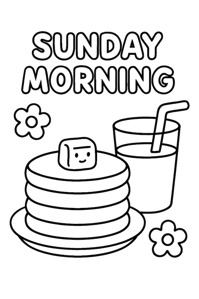Coloring page of pancakes with a smiling butter pat, a glass of orange juice, and flowers