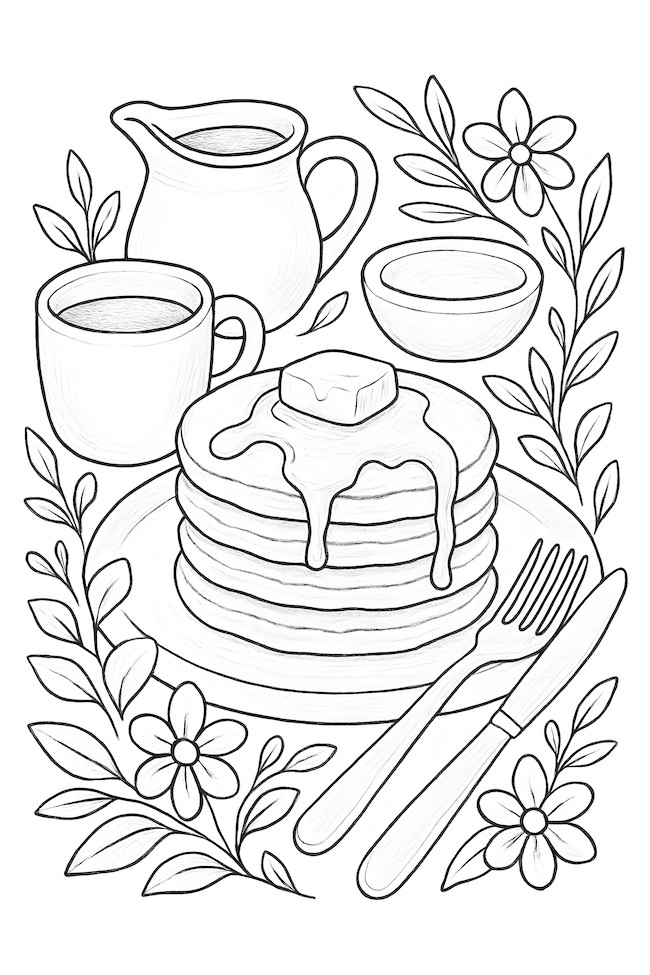 Coloring page of a stack of pancakes with syrup and butter alongside coffee cups and decorative flowers